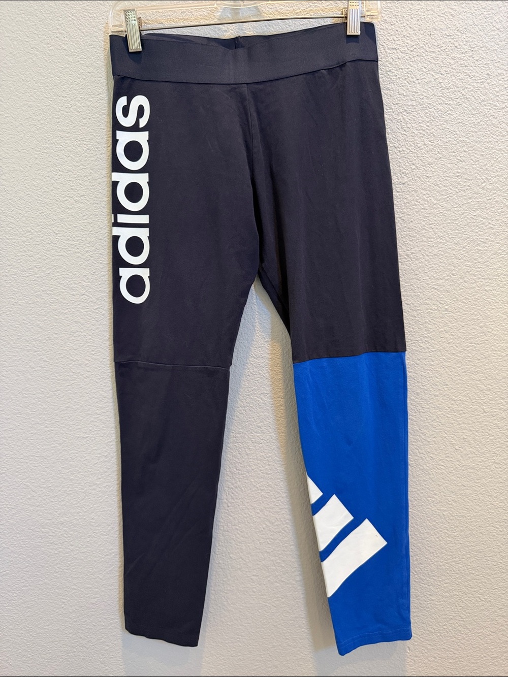 adidas Womens Black and Blue Colorblock Leggings with White Logo